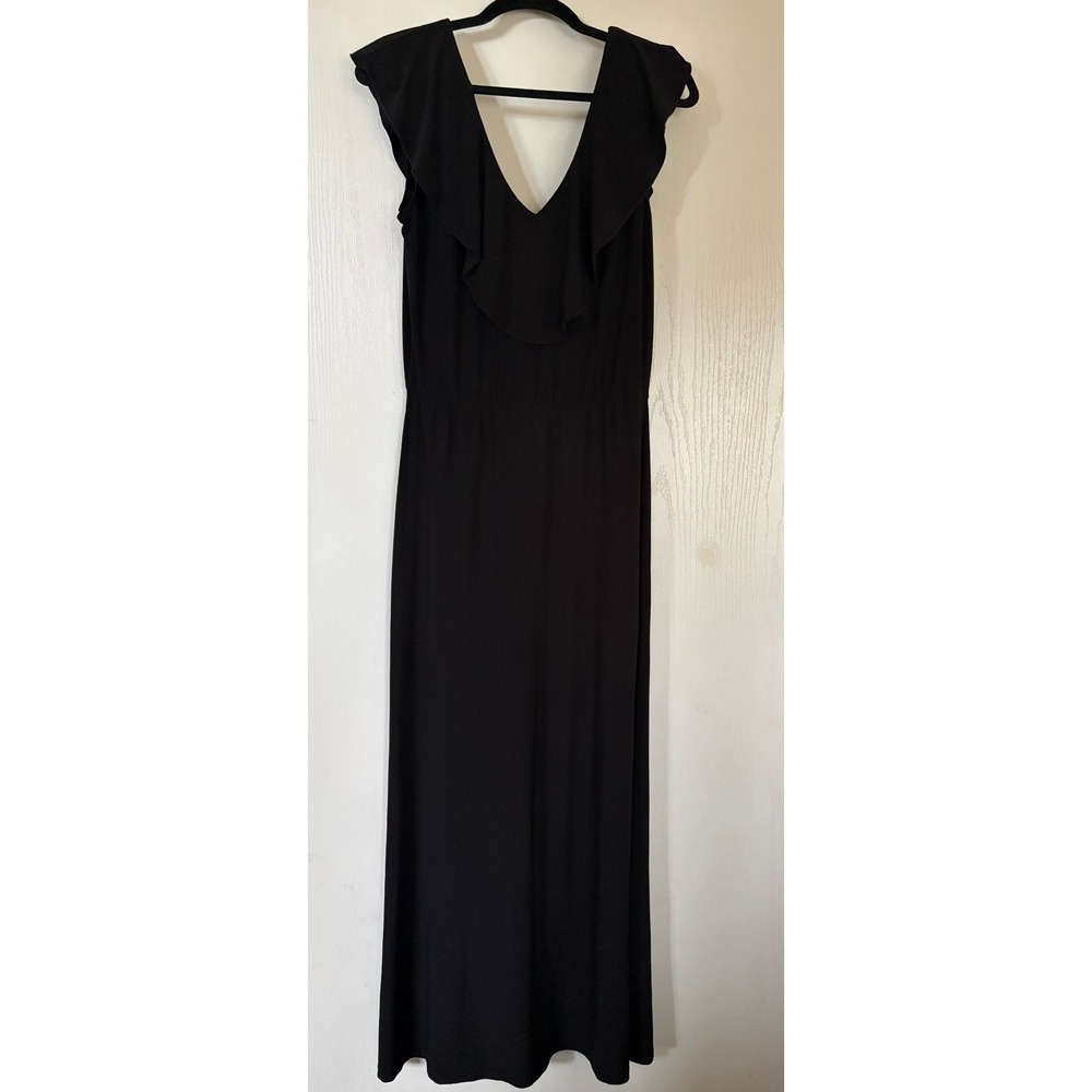 Nikki Poulos Black Ruffle V-Neck Sleeveless Maxi Dress Medium